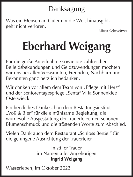 Traueranzeige von Eberhard Weigang von Volksstimme Wernigerode