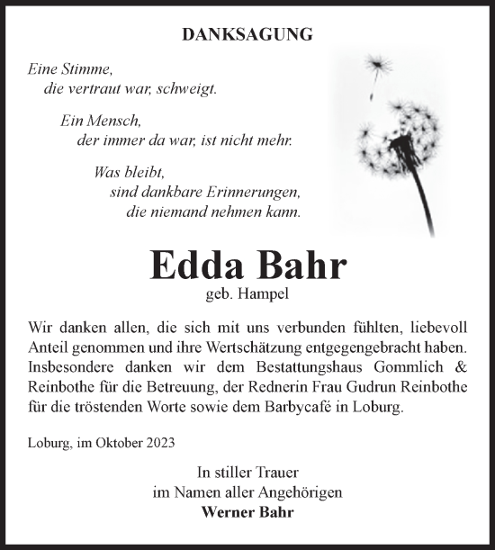 Traueranzeige von Edda Bahr von Volksstimme Zerbst