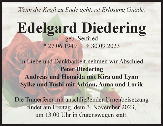 Traueranzeige von Edelgard Diedering von Volksstimme Haldensleben/Wolmirstedt