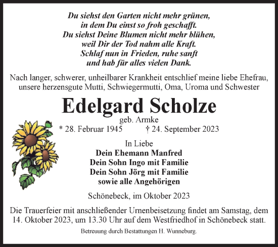 Traueranzeige von Edelgard Scholze von Volksstimme Schönebeck