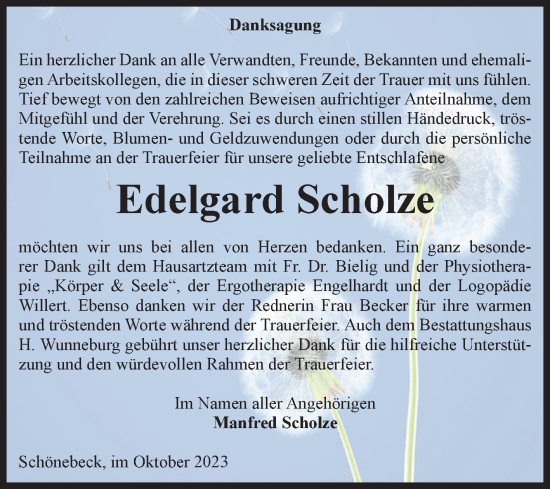 Traueranzeige von Edelgard Scholze von Volksstimme Schönebeck