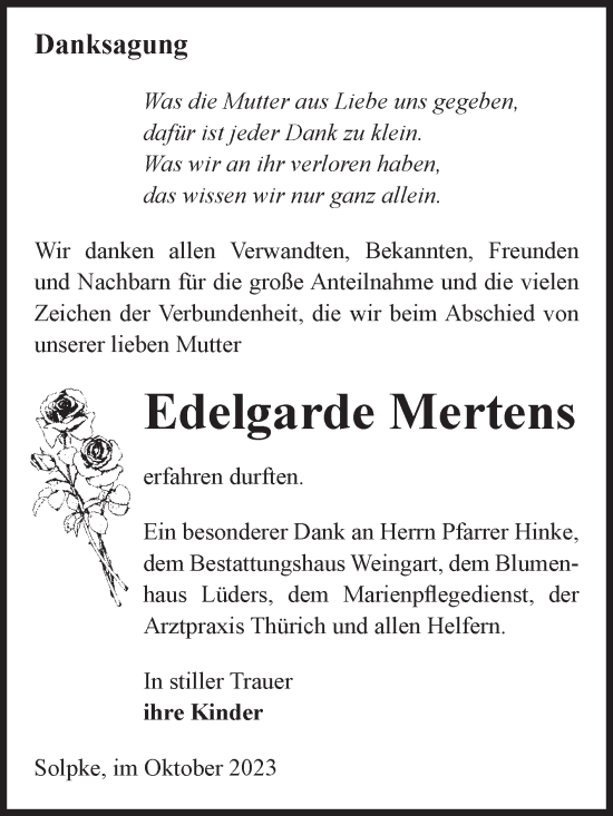 Traueranzeige von Edelgarde Mertens von Volksstimme Altmark West