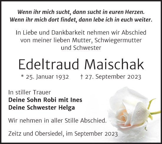 Traueranzeige von Edeltraud Maischak von Trauerkombi Zeitz