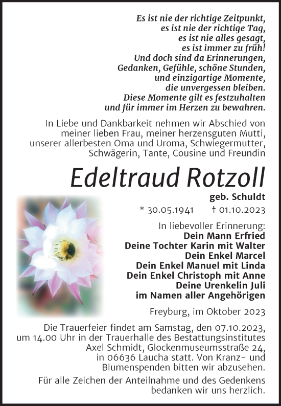Traueranzeige von Edeltraud Rotzoll von Naumburger Tageblatt