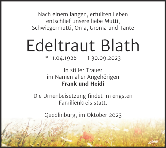 Traueranzeige von Edeltraut Blath von Trauerkombi Quedlinburg