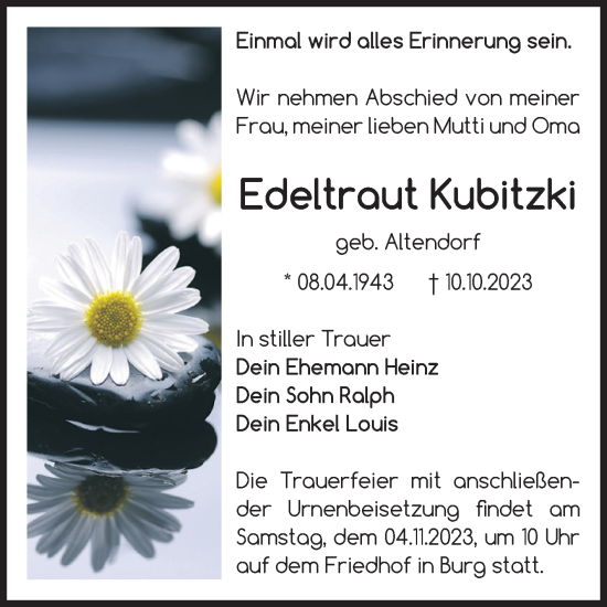 Traueranzeige von Edeltraut Kubitzki von Volksstimme Burg/Genthin