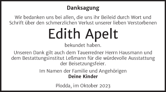 Traueranzeige von Edith Apelt von Trauerkombi Bitterfeld