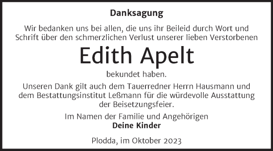 Traueranzeige von Edith Apelt von Trauerkombi Bitterfeld