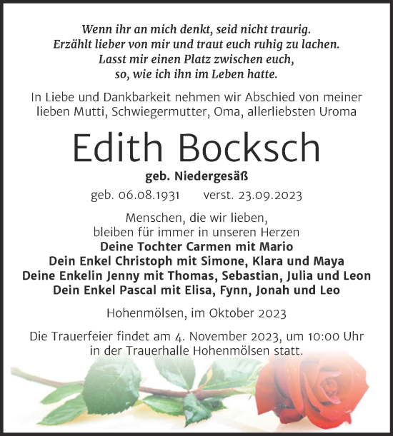 Traueranzeige von Edith Bocksch von Trauerkombi Weißenfels