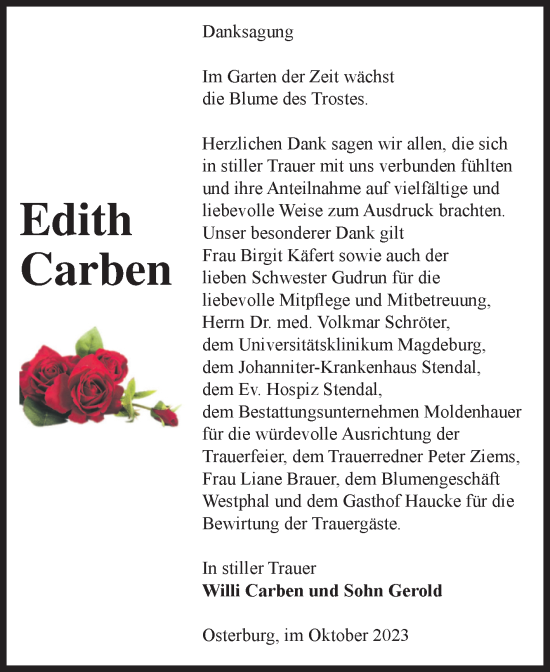 Traueranzeige von Edith Carben von Volksstimme Altmark Ost