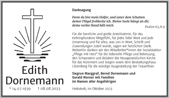 Traueranzeige von Edith Dornemann von Trauerkombi Mansfelder Land