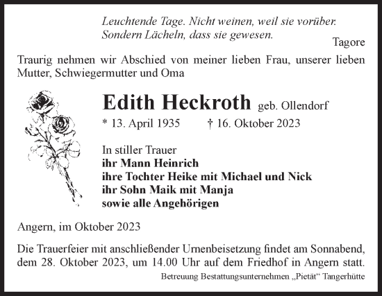 Traueranzeige von Edith Heckroth von Volksstimme Haldensleben/Wolmirstedt