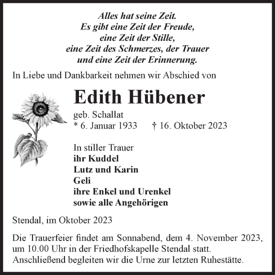 Traueranzeige von Edith Hübener von Volksstimme Altmark Ost