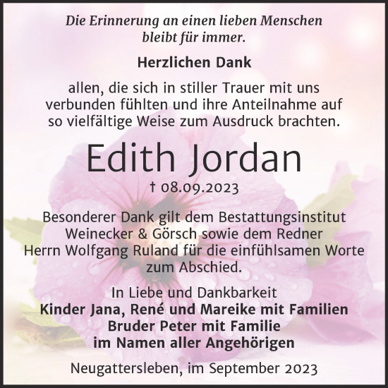 Traueranzeige von Edith Jordan von Trauerkombi Bernburg