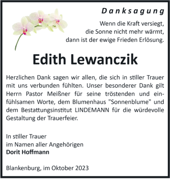 Traueranzeige von Edith Lewanczik von Volksstimme Wernigerode
