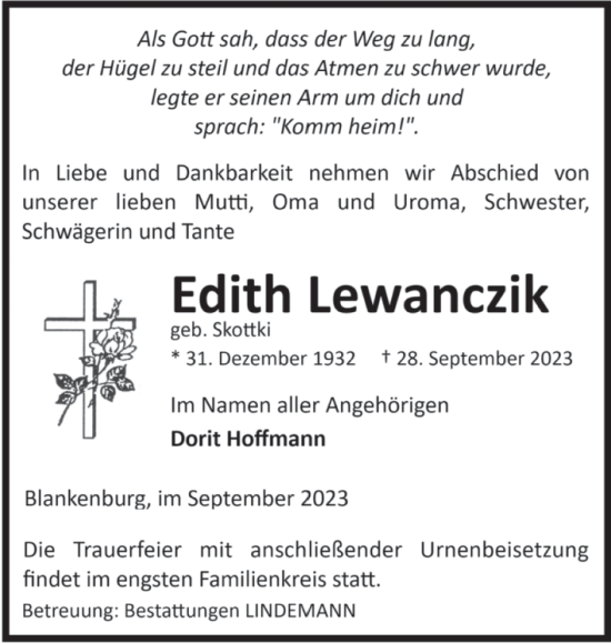 Traueranzeige von Edith Lewanczik von Volksstimme Wernigerode