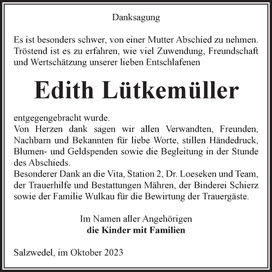 Traueranzeige von Edith Lütkemüller von Volksstimme Altmark West