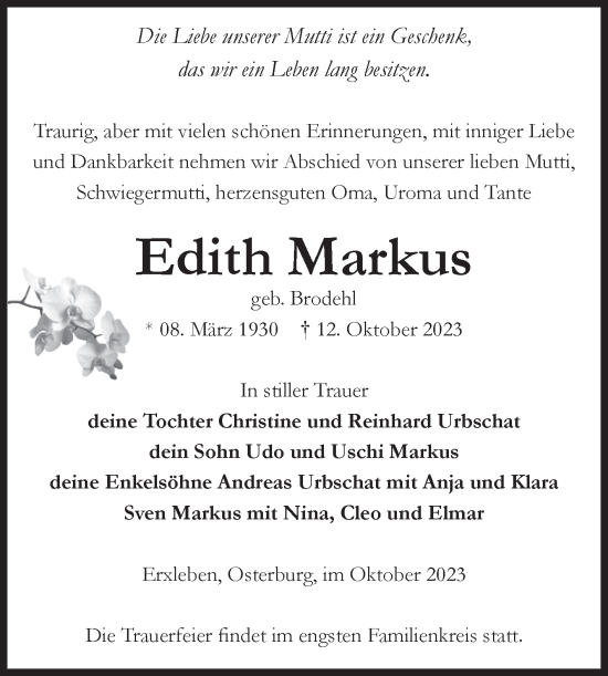 Traueranzeige von Edith Markus von Volksstimme Altmark Ost