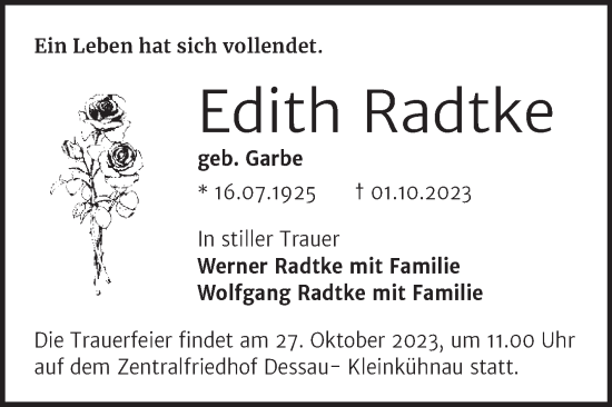 Traueranzeige von Edith Radtke von Trauerkombi Dessau