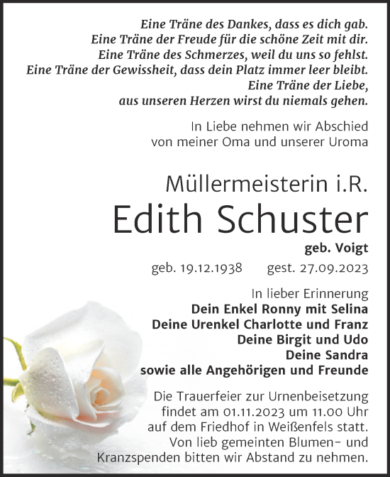 Traueranzeige von Edith Schuster von Trauerkombi Weißenfels