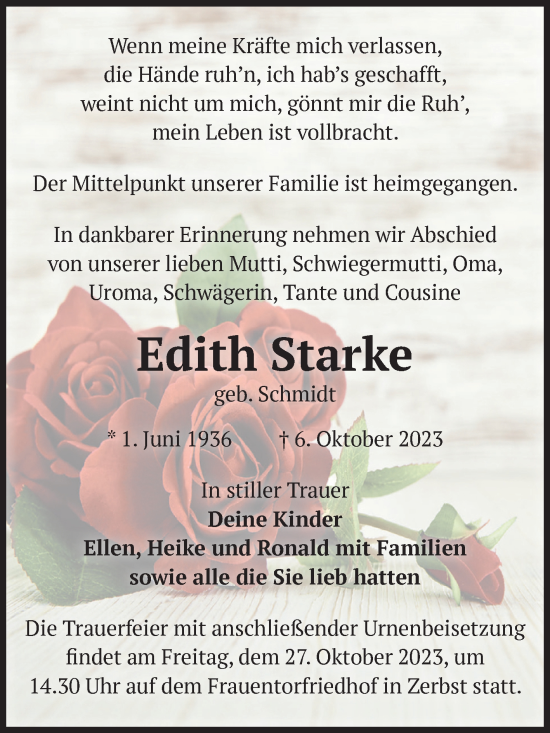 Traueranzeige von Edith Starke von Volksstimme Zerbst