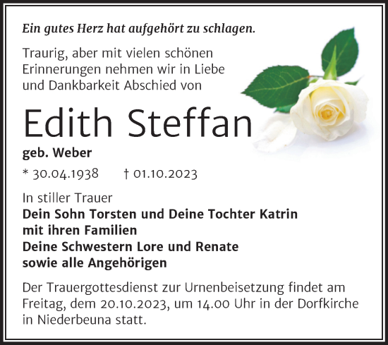 Traueranzeige von Edith Steffan von Trauerkombi Merseburg