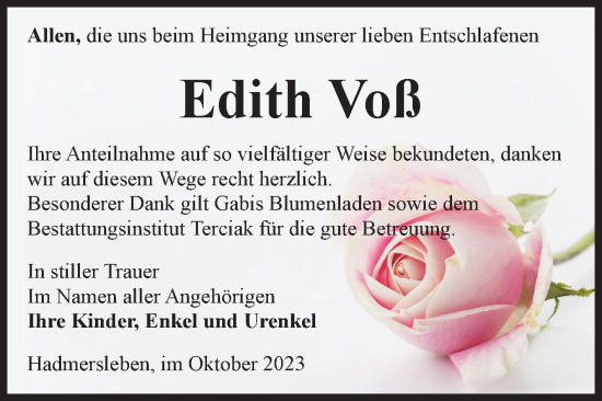 Traueranzeige von Edith Voß von Volksstimme Oschersleben/Wanzleben