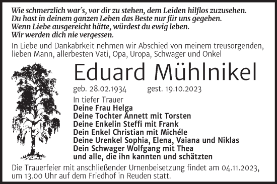 Traueranzeige von Eduard Mühlnikel von Trauerkombi Bitterfeld