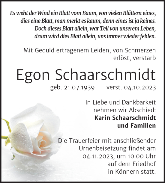 Traueranzeige von Egon Schaarschmidt von Trauerkombi Bernburg