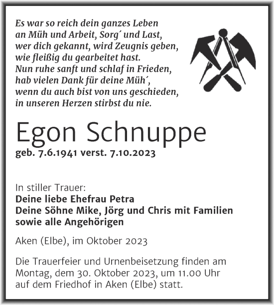 Traueranzeige von Egon Schnuppe von Trauerkombi Köthen