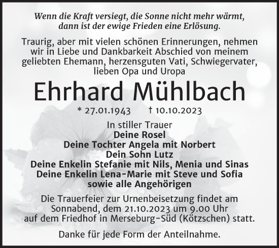 Traueranzeige von Ehrhard Mühlbach von Trauerkombi Merseburg