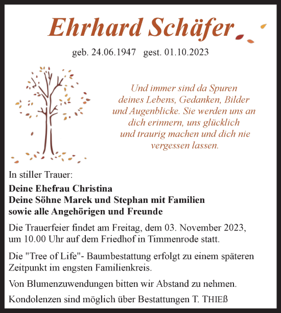Traueranzeige von Ehrhard Schäfer von Trauerkombi Quedlinburg