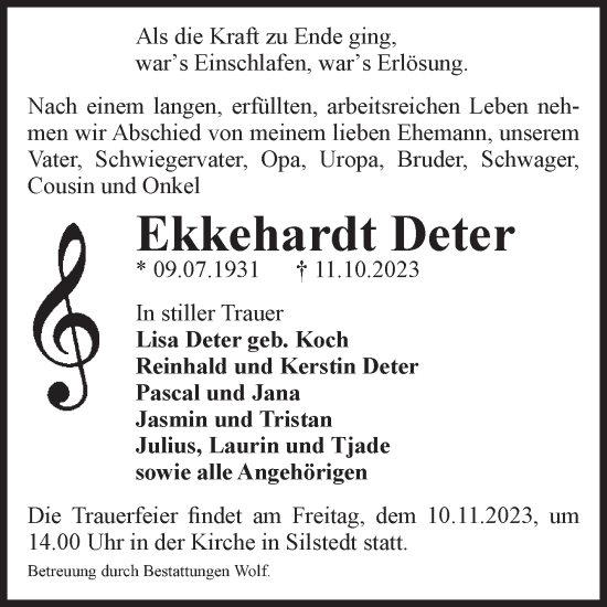 Traueranzeige von Ekkehardt Deter von Volksstimme Wernigerode
