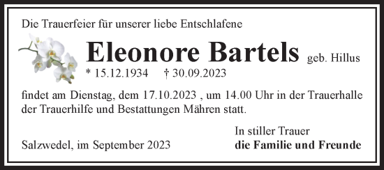 Traueranzeige von Eleonore Bartels von Volksstimme Altmark West