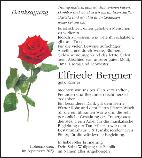 Traueranzeige von Elfriede Bergner von Trauerkombi Weißenfels