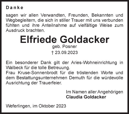 Traueranzeige von Elfriede Goldacker von Volksstimme Haldensleben/Wolmirstedt