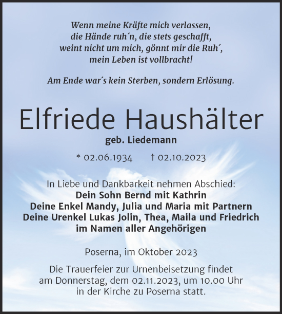 Traueranzeige von Elfriede Haushälter von Trauerkombi Weißenfels