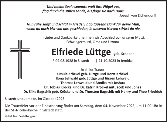 Traueranzeige von Elfriede Lüttge von Volksstimme Wernigerode