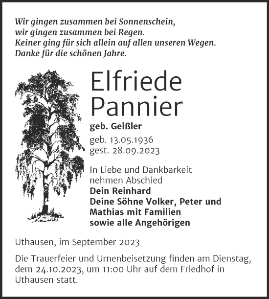 Traueranzeige von Elfriede Pannier von Trauerkombi Wittenberg
