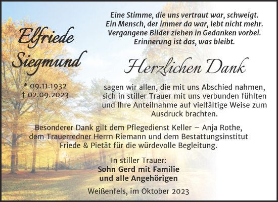 Traueranzeige von Elfriede Siegmund von Trauerkombi Weißenfels