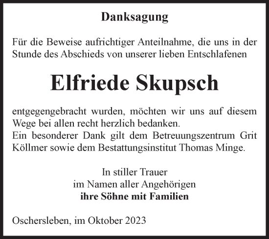 Traueranzeige von Elfriede Skupsch von Volksstimme Oschersleben/Wanzleben