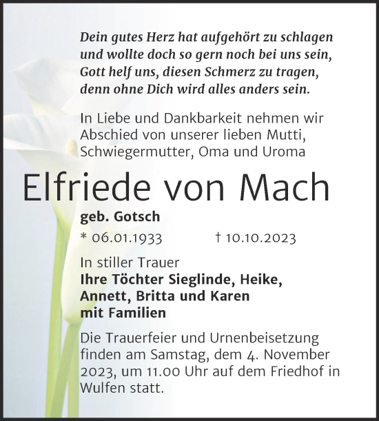 Traueranzeige von Elfriede von Mach von Trauerkombi Köthen