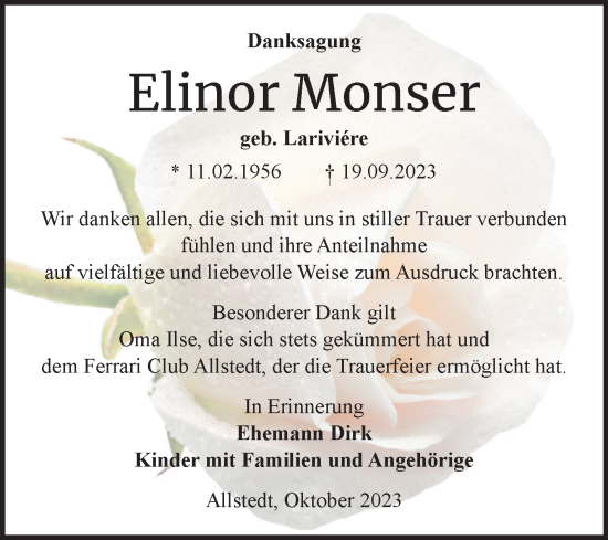 Traueranzeige von Elinor Monser von Trauerkombi Sangerhausen