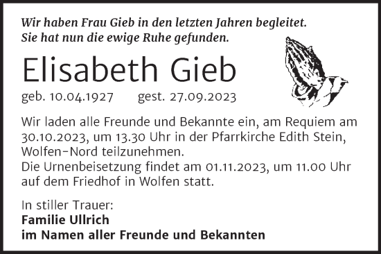 Traueranzeige von Elisabeth Gieb von Trauerkombi Bitterfeld
