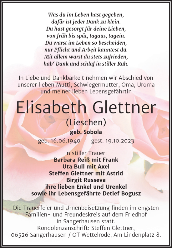 Traueranzeige von Elisabeth Glettner von Trauerkombi Sangerhausen