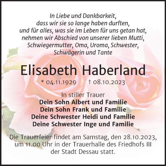 Traueranzeige von Elisabeth Haberland von Trauerkombi Dessau
