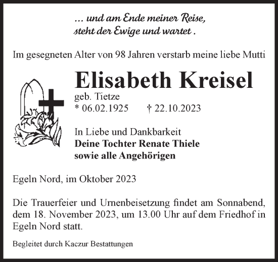 Traueranzeige von Elisabeth Kreisel von Volksstimme Staßfurt