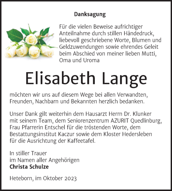 Traueranzeige von Elisabeth Lange von Trauerkombi Quedlinburg