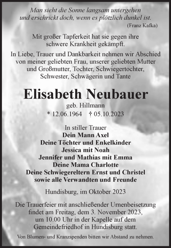 Traueranzeige von Elisabeth Neubauer von Volksstimme Haldensleben/Wolmirstedt