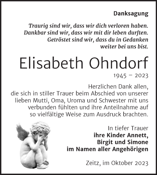Traueranzeige von Elisabeth Ohndorf von Trauerkombi Zeitz